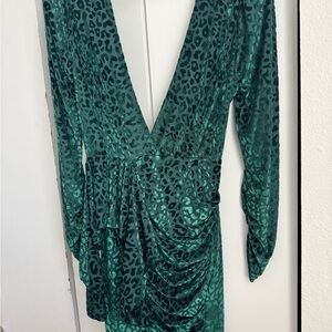 Just Me Green Leopard-Print Deep V Long-Sleeve Dress